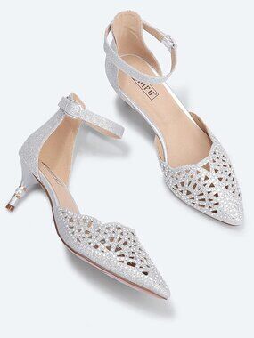 Women's Silver Glitter Rhinestones Low Kitten Heels Pumps Evening Dress Shoes